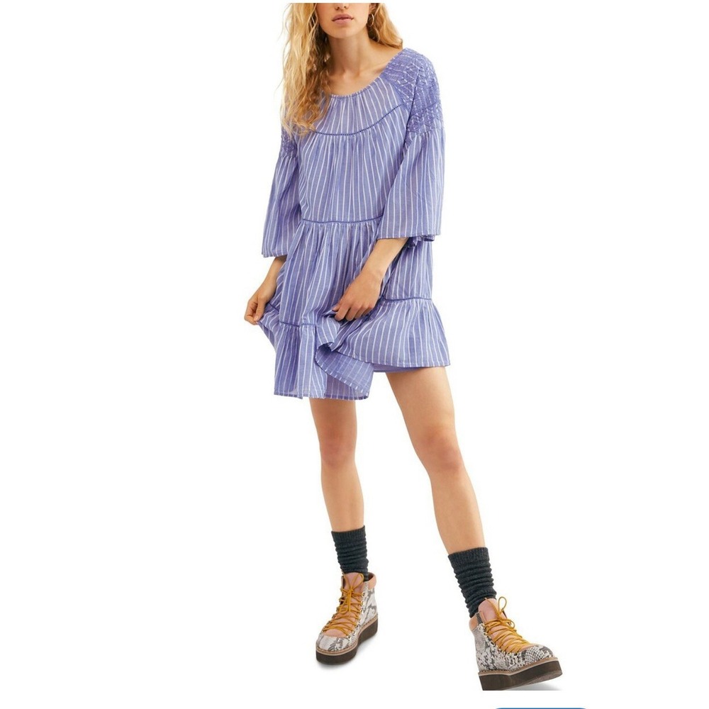 Free People Lola Embroidered Mini Striped Dress Chambray Bell Sleeve Tie Lace S